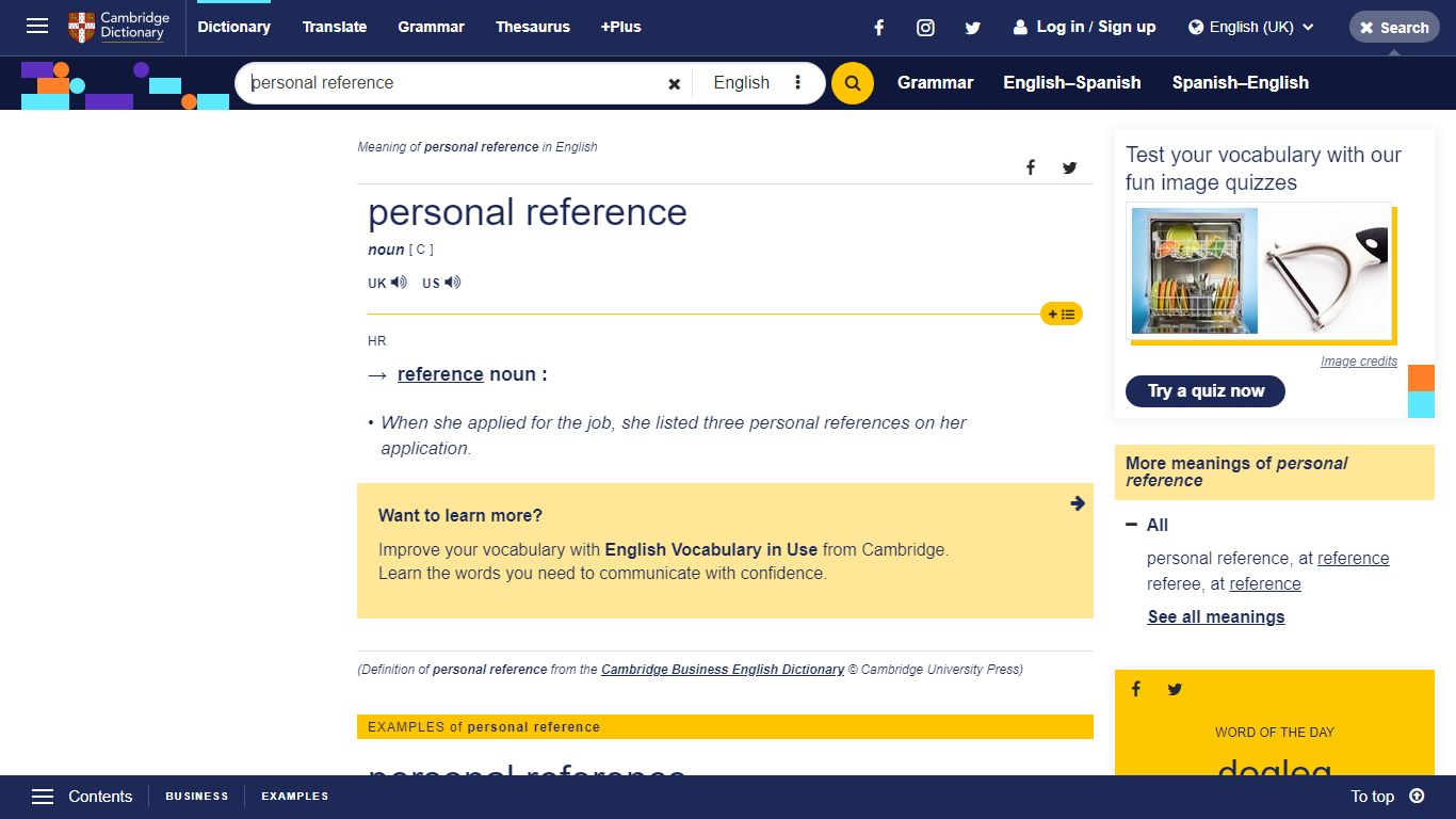 PERSONAL REFERENCE | meaning in the Cambridge English Dictionary